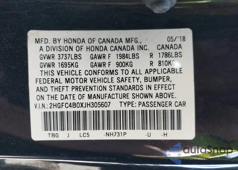 2018 Honda Civic Lx-P z USA, uszkodzony, nr VIN 2HGFC4B0XJH305607